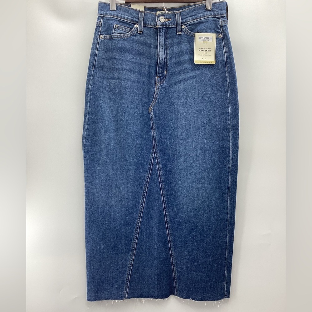 Woman’s Mid Rise Slit Back Denim Maxi Skirt - Picture 2 of 13
